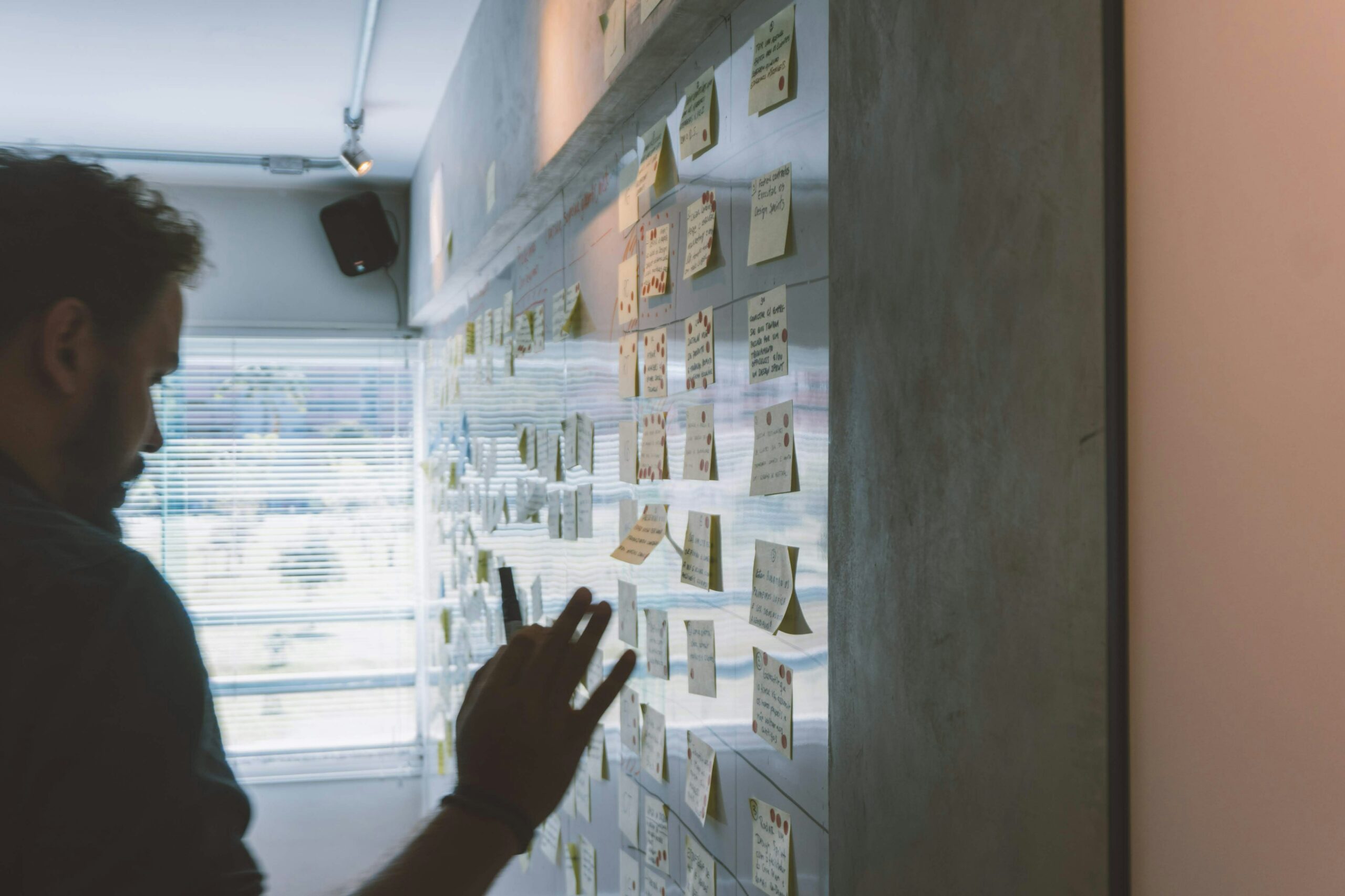 A person staring at a whiteboard planning their start-up campaign